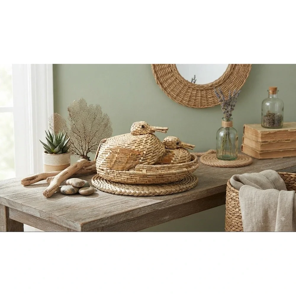 Vintage Woven Straw Duck Nesting Baskets Set of 2 Mallard Figurines with Lids